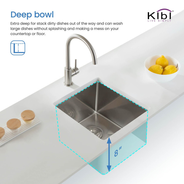 KIBI K1-S16 16″ Handcrafted Undermount Single Bowl Stainless Steel Kitchen Sink