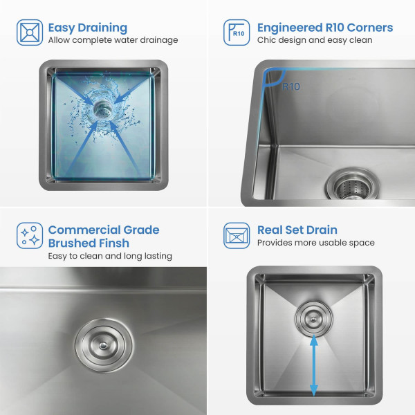 KIBI K1-S16 16″ Handcrafted Undermount Single Bowl Stainless Steel Kitchen Sink