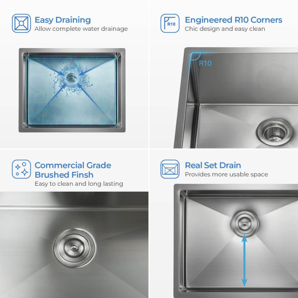 KIBI K1-S23 23″ Handcrafted Undermount Single Bowl Stainless Steel Kitchen Sink