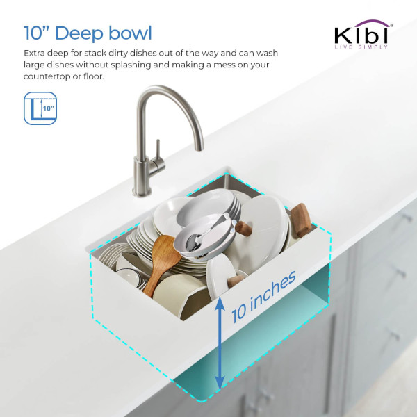 KIBI K1-S23 23″ Handcrafted Undermount Single Bowl Stainless Steel Kitchen Sink