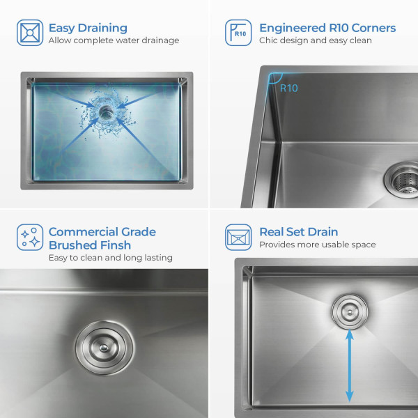 KIBI K1-S28 28″ Handcrafted Undermount Single Bowl Stainless Steel Kitchen Sink