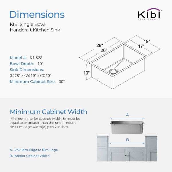 KIBI K1-S28 28″ Handcrafted Undermount Single Bowl Stainless Steel Kitchen Sink