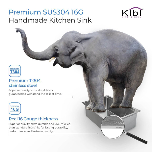 KIBI K1-S28 28″ Handcrafted Undermount Single Bowl Stainless Steel Kitchen Sink