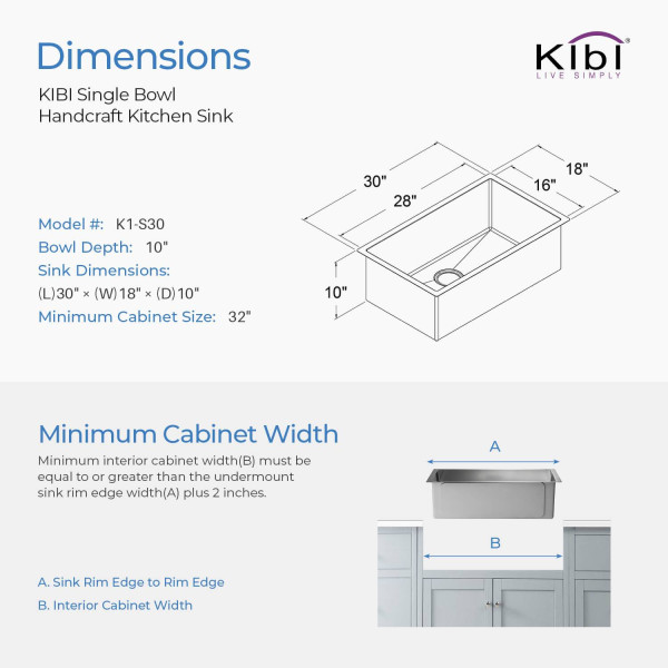 KIBI K1-S30 30″ Handcrafted Undermount Single Bowl Stainless Steel Kitchen Sink 