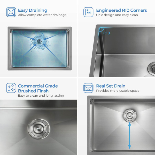 KIBI K1-S30 30″ Handcrafted Undermount Single Bowl Stainless Steel Kitchen Sink 
