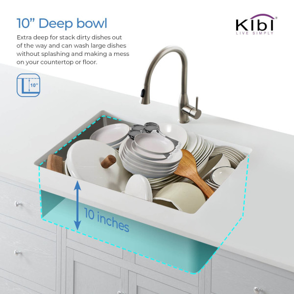 KIBI K1-S30 30″ Handcrafted Undermount Single Bowl Stainless Steel Kitchen Sink 