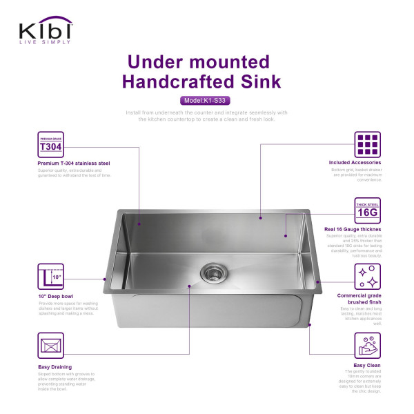 KIBI K1-S33 Handcrafted Undermount Single Bowl Stainless Steel Kitchen Sink