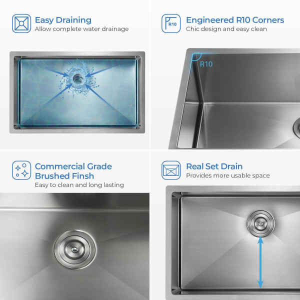 KIBI K1-S33 Handcrafted Undermount Single Bowl Stainless Steel Kitchen Sink
