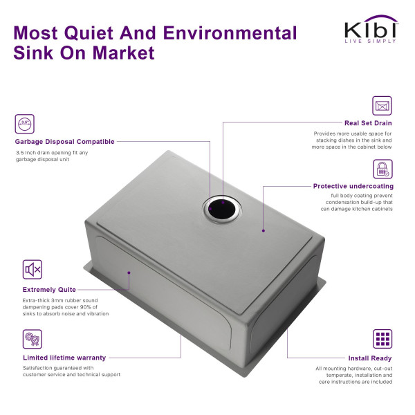 KIBI K1-S33 Handcrafted Undermount Single Bowl Stainless Steel Kitchen Sink