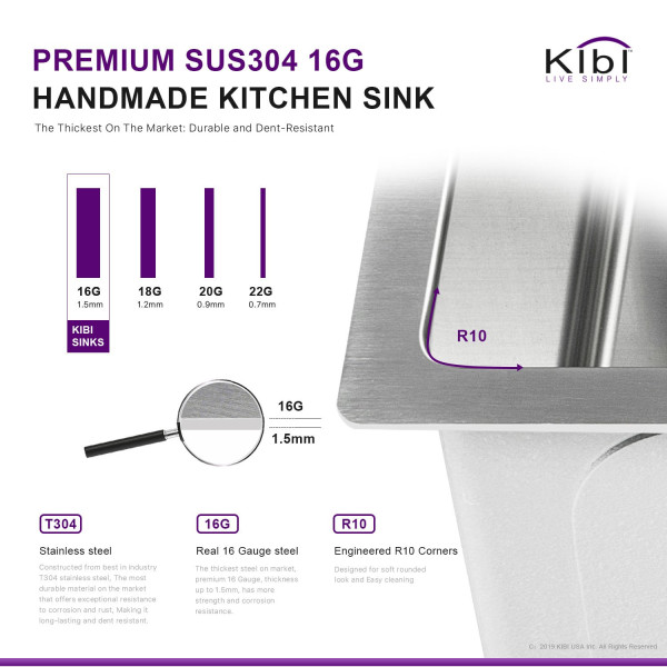 KIBI K1-S33 Handcrafted Undermount Single Bowl Stainless Steel Kitchen Sink