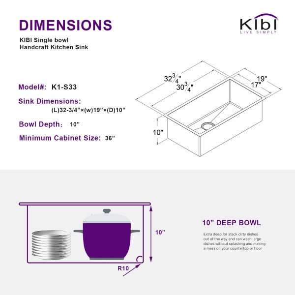 KIBI K1-S33 Handcrafted Undermount Single Bowl Stainless Steel Kitchen Sink