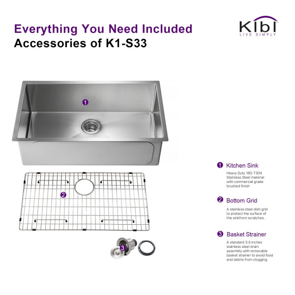 KIBI K1-S33 Handcrafted Undermount Single Bowl Stainless Steel Kitchen Sink