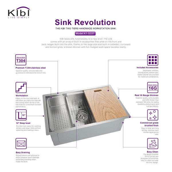 KIBI K1-S33T 33″ Undermount Single Bowl Stainless Steel Workstation Sink