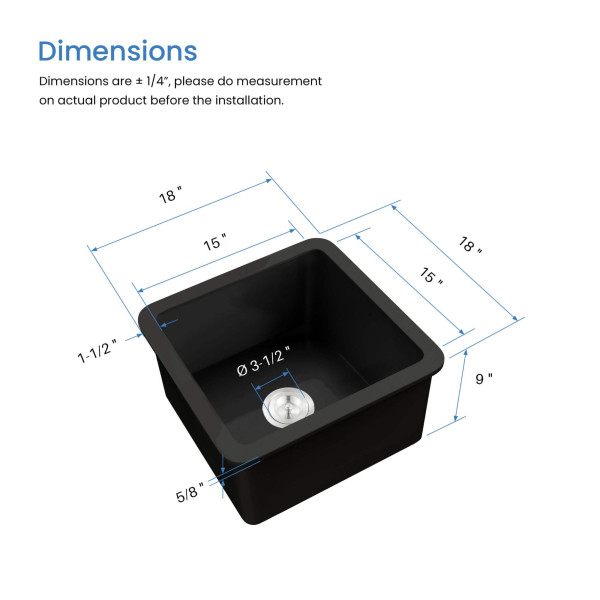 KIBI K2-S18SQMB Pure 18" Fireclay Kitchen Single Bowl  Sink - Matte Black