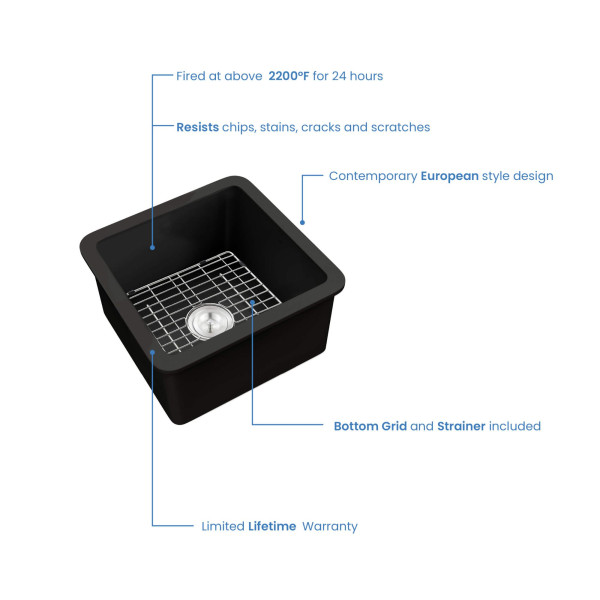 KIBI K2-S18SQMB Pure 18" Fireclay Kitchen Single Bowl  Sink - Matte Black