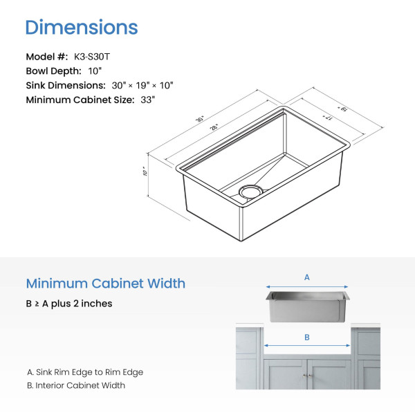 KIBI K3-S30T 30" Stainless Steel Single Bowl Workstation Undermount Kitchen Sink