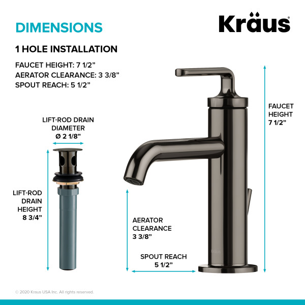 Kraus KBF-1221 Ramus™ Single Handle Bath Faucet with Lift Rod Drain
