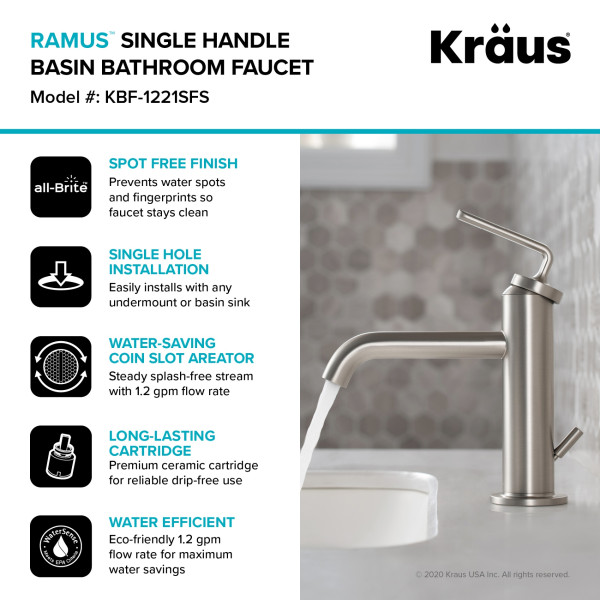 Kraus KBF-1221 Ramus™ Single Handle Bath Faucet with Lift Rod Drain