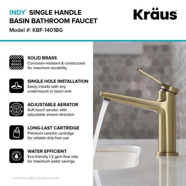 Kraus KBF-1401BG Indy™ Single Handle Bathroom Faucet In Brushed Gold Finish