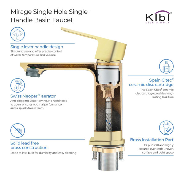 KIBI KBF1001BG Mirage Single Handle Bathroom Vanity Sink Faucet