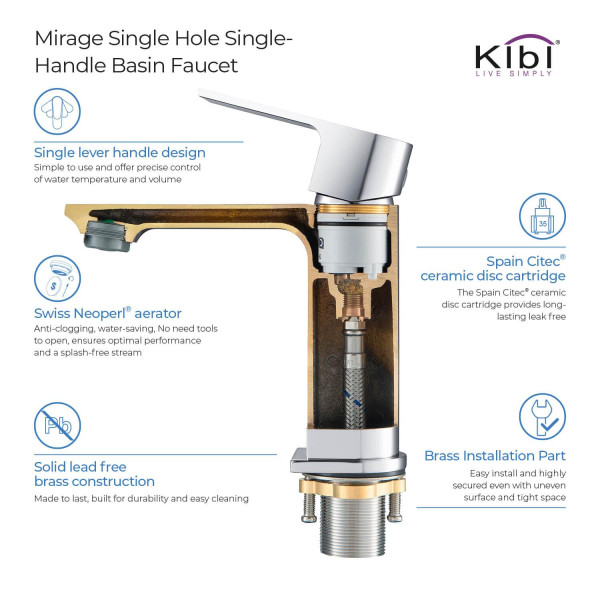 KIBI KBF1001CH Mirage Single Handle Bathroom Vanity Sink Faucet