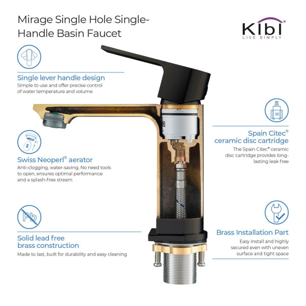 KIBI KBF1001MB Mirage Single Handle Bathroom Vanity Sink Faucet