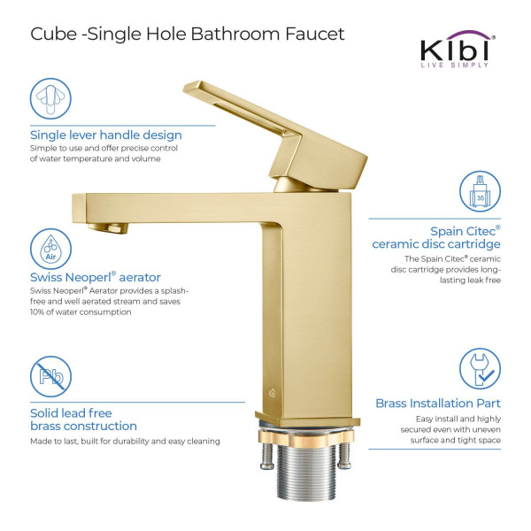KIBI KBF1002BG Cubic Single Handle Bathroom Vanity Sink Faucet