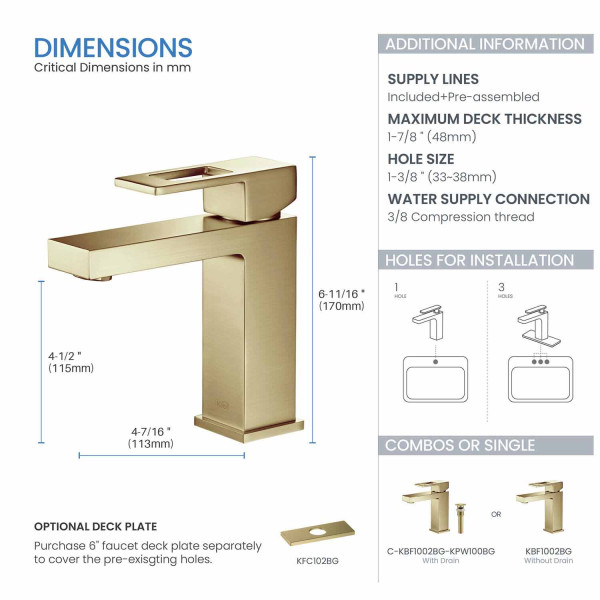 KIBI KBF1002BG Cubic Single Handle Bathroom Vanity Sink Faucet