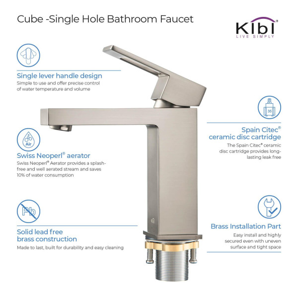 KIBI KBF1002BN Cubic Single Handle Bathroom Vanity Sink Faucet