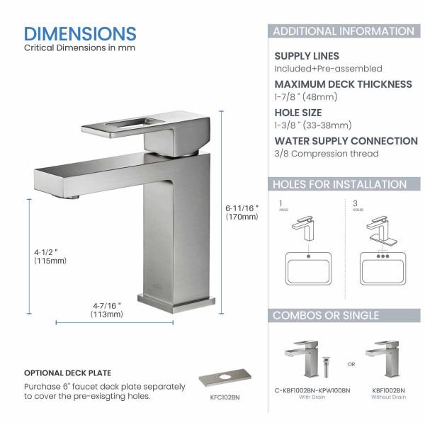 KIBI KBF1002BN Cubic Single Handle Bathroom Vanity Sink Faucet