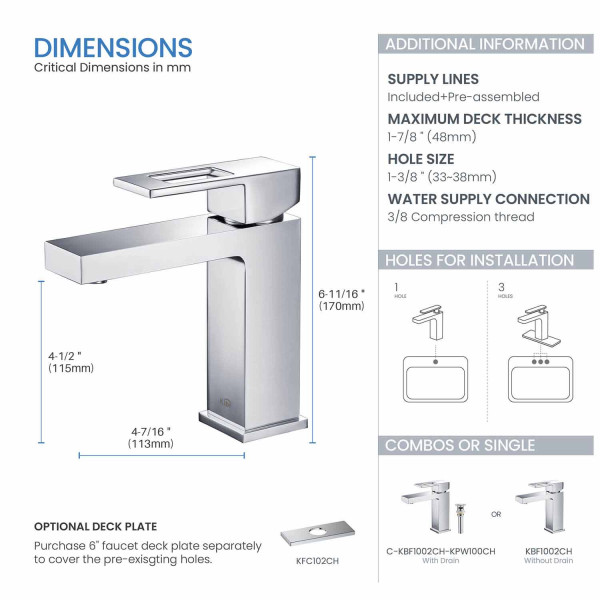 KIBI KBF1002CH Cubic Single Handle Bathroom Vanity Sink Faucet