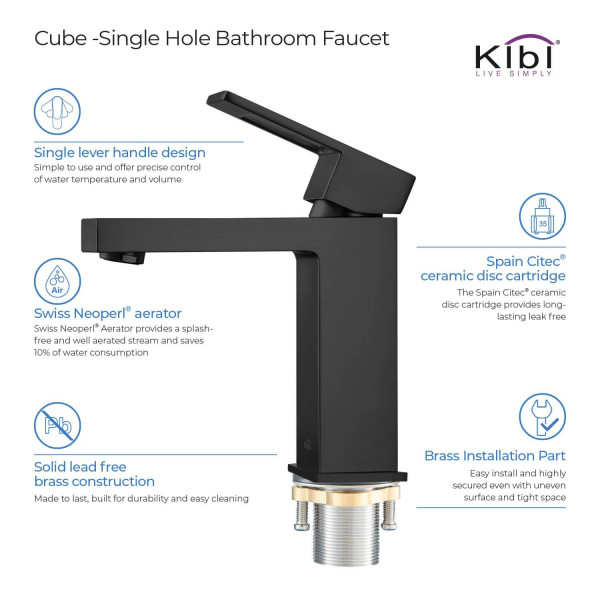 KIBI KBF1002MB Cubic Single Handle Bathroom Vanity Sink Faucet