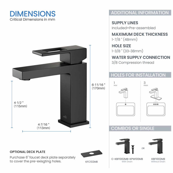 KIBI KBF1002MB Cubic Single Handle Bathroom Vanity Sink Faucet