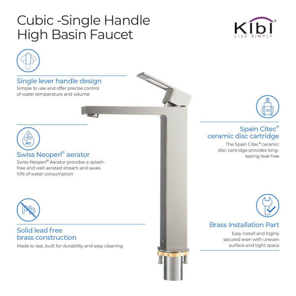 KIBI KBF1003BN Cubic Single Handle Bathroom Vessel Sink Faucet