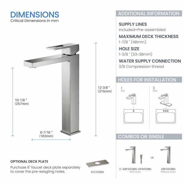 KIBI KBF1003BN Cubic Single Handle Bathroom Vessel Sink Faucet