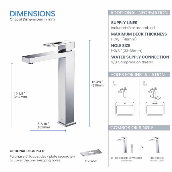 KIBI KBF1003CH Cubic Single Handle Bathroom Vessel Sink Faucet