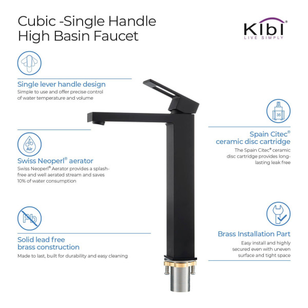 KIBI KBF1003MB Cubic Single Handle Bathroom Vessel Sink Faucet