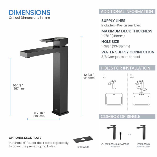 KIBI KBF1003MB Cubic Single Handle Bathroom Vessel Sink Faucet