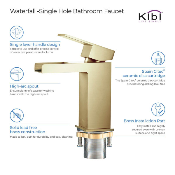 KIBI KBF1004BG Waterfall Single Handle Bathroom Vanity Sink Faucet