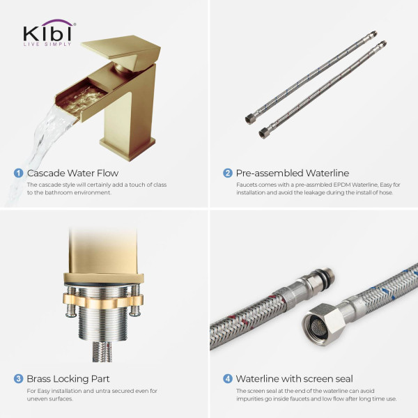 KIBI KBF1004BG Waterfall Single Handle Bathroom Vanity Sink Faucet