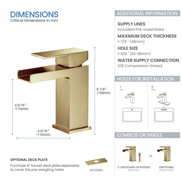 KIBI KBF1004BG Waterfall Single Handle Bathroom Vanity Sink Faucet