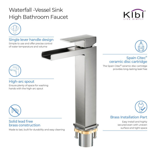KIBI KBF1005BN Waterfall Single Handle Bathroom Vessel Sink Faucet