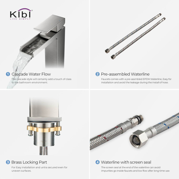 KIBI KBF1005BN Waterfall Single Handle Bathroom Vessel Sink Faucet