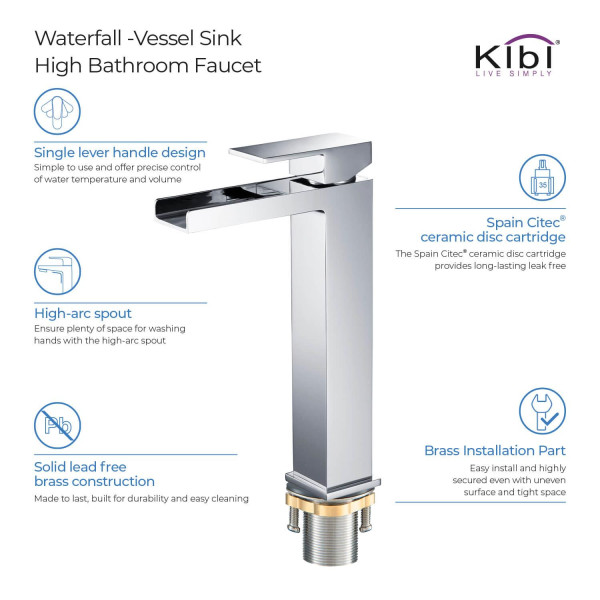 KIBI KBF1005CH Waterfall Single Handle Bathroom Vessel Sink Faucet