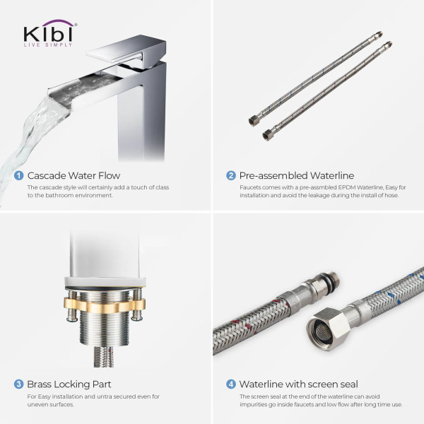 KIBI KBF1005CH Waterfall Single Handle Bathroom Vessel Sink Faucet