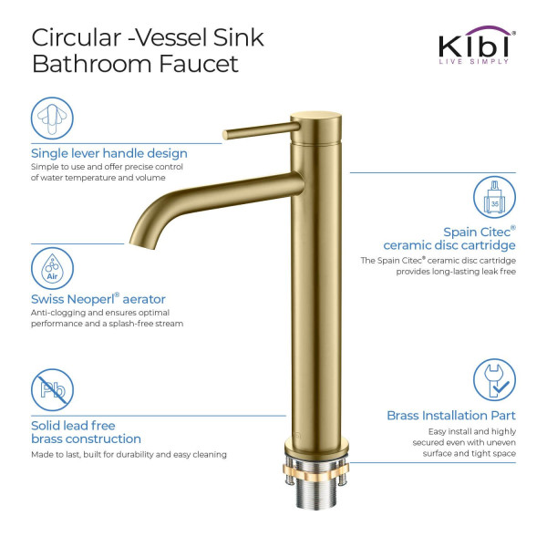 KIBI KBF1009BG Circular Single Handle Bathroom Vessel Sink Faucet