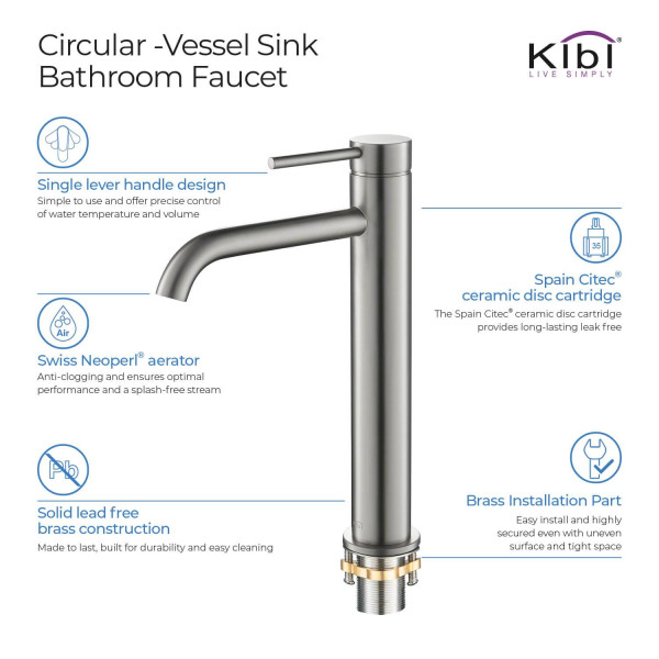 KIBI KBF1009BN Circular Single Handle Bathroom Vessel Sink Faucet