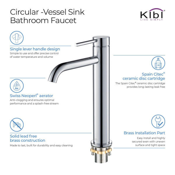 KIBI KBF1009CH Circular Single Handle Bathroom Vessel Sink Faucet