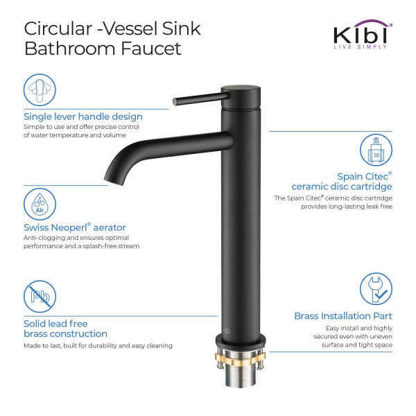KIBI KBF1009MB Circular Single Handle Bathroom Vessel Sink Faucet