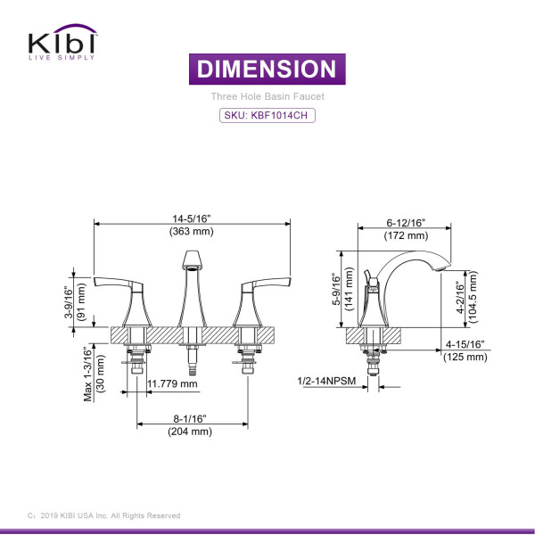 KIBI KBF1014CH Pyramid Bathroom Sink 8" Widespread Faucet with Drain Assembly